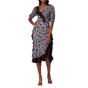 Brogger Dress Ruffle-Trim Floral Size Medium Black Pin Blue